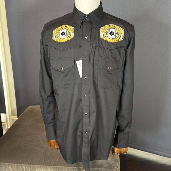 Black Western Dress Shirt Embroidered Patches Snap Buttons Size M NWT - Picture 3 of 13